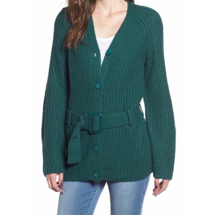 Leith Womens Green Belted Knit Button Sweater S